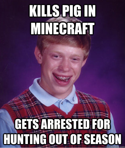 kills pig in minecraft gets arrested for hunting out of season  Bad Luck Brian