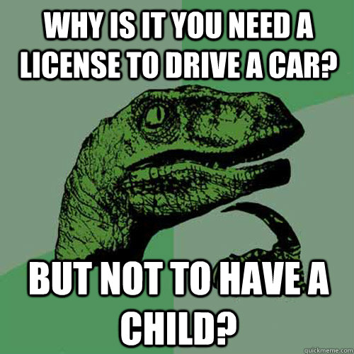 Why is it you need a license to drive a car? But not to have a child?  Philosoraptor