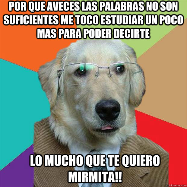 por que aveces las palabras no son suficientes me toco estudiar un poco mas para poder decirte lo mucho que te quiero mirmita!!  Business Dog