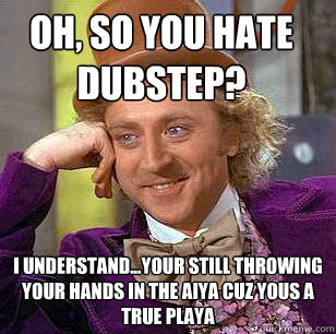 Oh, so you hate dubstep? i understand...your still throwing your hands in the aiya cuz yous a true playa - Oh, so you hate dubstep? i understand...your still throwing your hands in the aiya cuz yous a true playa  Condescending Wonka