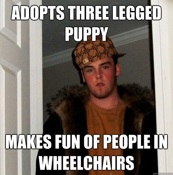 Adopts three legged puppy Makes fun of people in wheelchairs - Adopts three legged puppy Makes fun of people in wheelchairs  Scumbag Steve