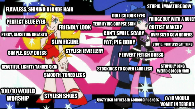 Flawless, shining blonde hair Perfect blue eyes Stylish jewellery Simple, sexy dress Perky, sensitive breasts Slim figure Beautiful, lightly tanned skin Smooth, toned legs Stylish shoes 100/10 would worship Stupid, immature bow Fringe cut with a ruler Stu  Panty and Stocking