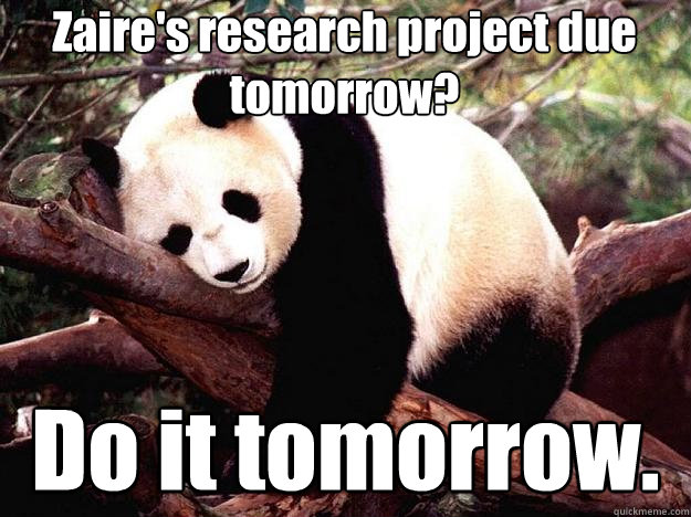 Zaire's research project due tomorrow? Do it tomorrow.  Procrastination Panda