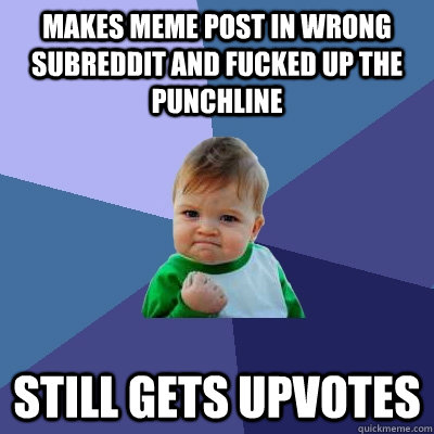 Makes meme post in wrong subreddit and fucked up the punchline Still gets upvotes  Success Kid