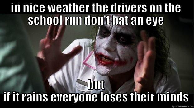 IN NICE WEATHER THE DRIVERS ON THE SCHOOL RUN DON'T BAT AN EYE BUT IF IT RAINS EVERYONE LOSES THEIR MINDS Joker Mind Loss