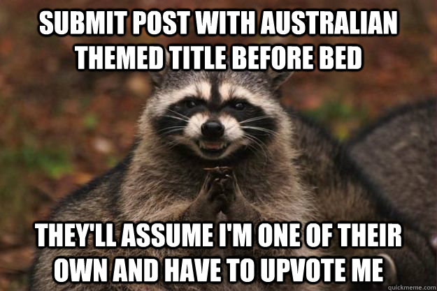 Submit post with Australian themed title before bed They'll assume I'm one of their own and have to upvote me  Evil Plotting Raccoon