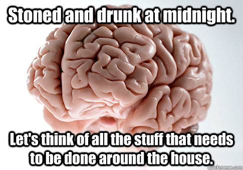 Stoned and drunk at midnight. Let's think of all the stuff that needs to be done around the house.  Scumbag Brain