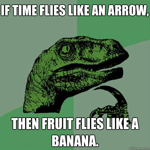 if time flies like an arrow, then fruit flies like a banana.  Philosoraptor