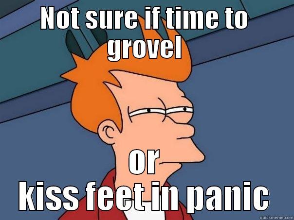 NOT SURE IF TIME TO GROVEL OR KISS FEET IN PANIC Futurama Fry