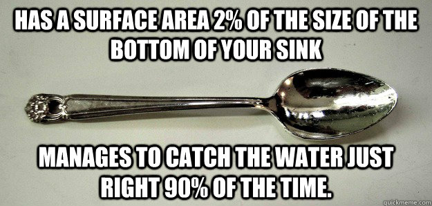 Has a surface area 2% of the size of the bottom of your sink Manages to catch the water just right 90% of the time. - Has a surface area 2% of the size of the bottom of your sink Manages to catch the water just right 90% of the time.  Scumbag Silver Spoon