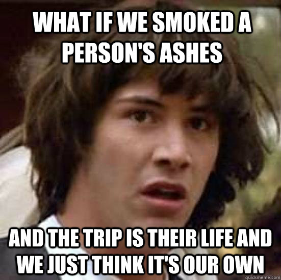 What if we smoked a person's ashes and the trip is their life and we just think it's our own  conspiracy keanu