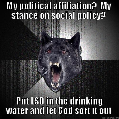 MY POLITICAL AFFILIATION?  MY STANCE ON SOCIAL POLICY?  PUT LSD IN THE DRINKING WATER AND LET GOD SORT IT OUT Insanity Wolf