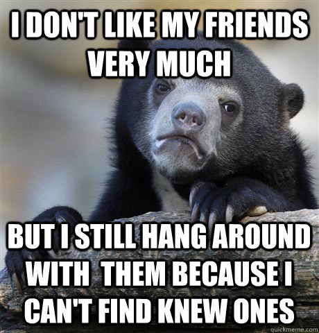 I don't like my friends very much But I still hang around with  them because I can't find knew ones  Confession Bear