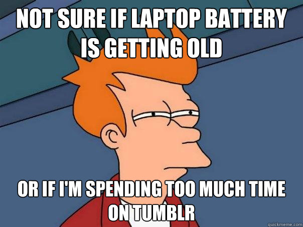 Not sure if laptop battery is getting old  Or if I'm spending too much time on tumblr - Not sure if laptop battery is getting old  Or if I'm spending too much time on tumblr  Futurama Fry