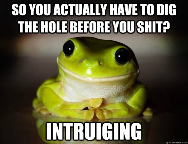 So you actually have to dig the hole BEFORE you shit? Intruiging  Fascinated Frog