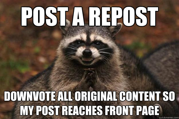 Post a repost Downvote all original content so my post reaches front page  Evil Plotting Raccoon