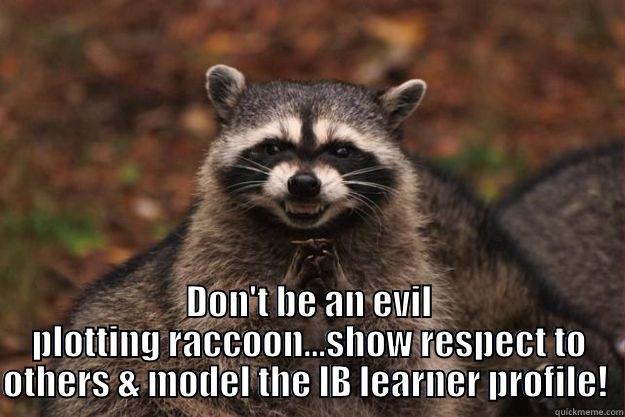 Be nice -  DON'T BE AN EVIL PLOTTING RACCOON...SHOW RESPECT TO OTHERS & MODEL THE IB LEARNER PROFILE!  Evil Plotting Raccoon