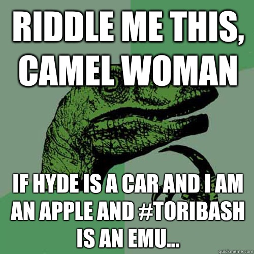 Riddle me this, camel woman If hyde is a car and I am an apple and #toribash is an emu...  Philosoraptor