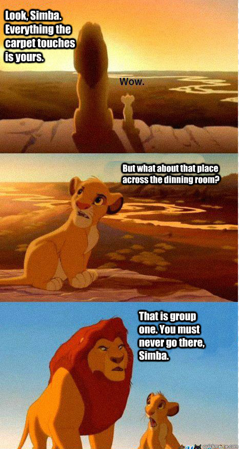 Look, Simba. Everything the carpet touches is yours. But what about that place across the dinning room? That is group one. You must never go there, Simba.  Mufasa and Simba