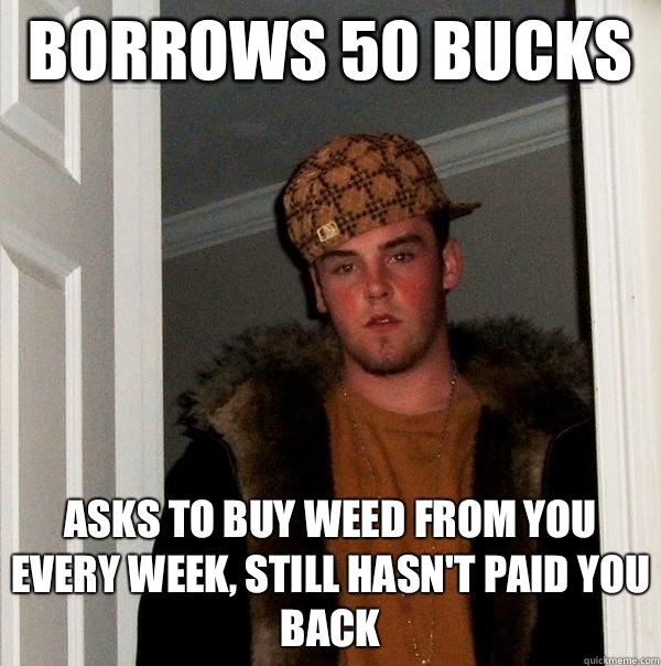 Borrows 50 bucks  Asks to buy weed from you every week, still hasn't paid you back   Scumbag Steve