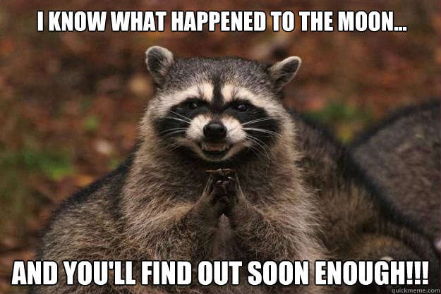 I know what happened to the moon... And you'll find out soon enough!!!  Evil Plotting Raccoon