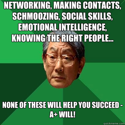 networking, making contacts, schmoozing, social skills, emotional intelligence, knowing the right people... none of these will help you succeed -
A+ will!  High Expectations Asian Father