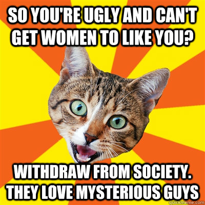 so you're ugly and can't get women to like you? withdraw from society. they love mysterious guys  Bad Advice Cat