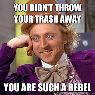 You didn't throw your trash away You are such a rebel  Condescending Wonka