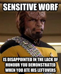 sensitive worf is disappointed in the lack of honour you demonstrated when you ate his leftovers  Sensitive Worf