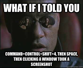 What if I told you Command+Control+Shift+4, then space, then clicking a window took a screenshot - What if I told you Command+Control+Shift+4, then space, then clicking a window took a screenshot  Morpheus SC