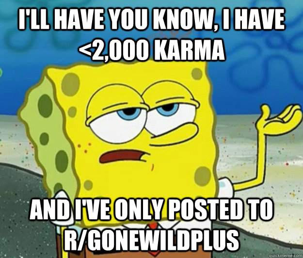 I'll have you know, I have <2,000 karma  and I've only posted to r/GONEWILDPLUS  Tough Spongebob