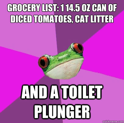 Grocery list: 1 14.5 oz can of diced tomatoes, cat litter and a toilet plunger  Foul Bachelorette Frog