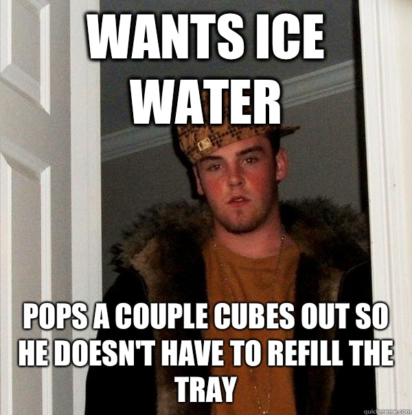 WANTS ICE WATER POPS A COUPLE CUBES OUT SO HE DOESN'T HAVE TO REFILL THE TRAY - WANTS ICE WATER POPS A COUPLE CUBES OUT SO HE DOESN'T HAVE TO REFILL THE TRAY  Scumbag Steve