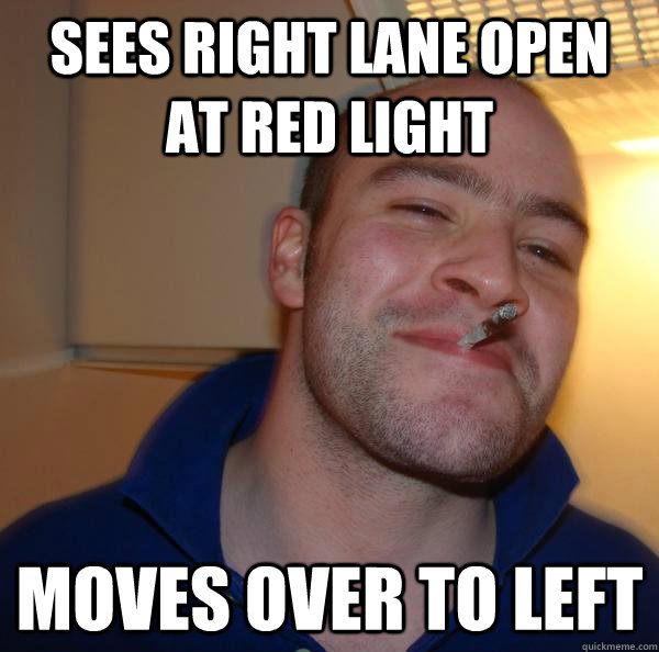 Sees right lane open at red light moves over to left - Sees right lane open at red light moves over to left  Misc