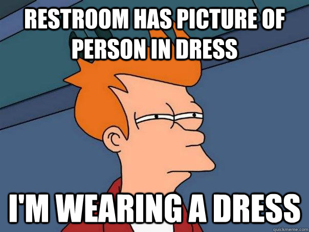 restroom has picture of person in dress I'm wearing a dress  Futurama Fry