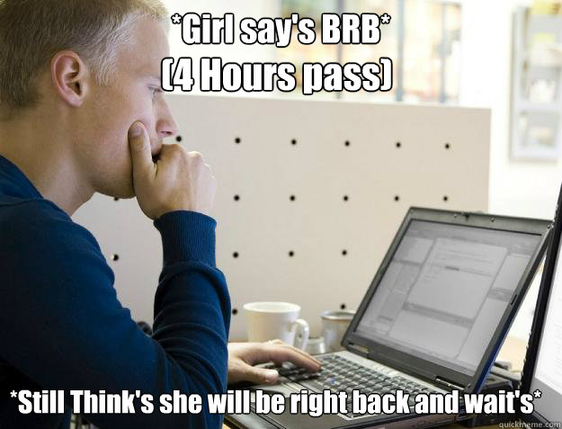 *Girl say's BRB* *Still Think's she will be right back and wait's* (4 Hours pass)
  Programmer