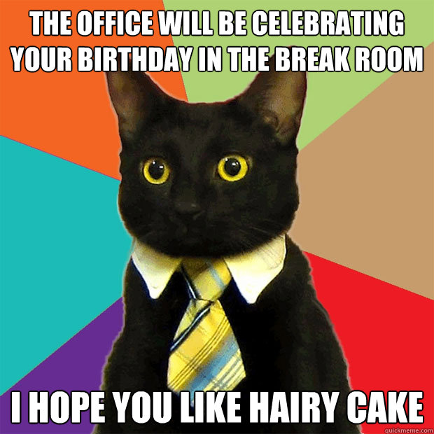 The office will be celebrating your birthday in the break room I hope you like hairy cake  Business Cat