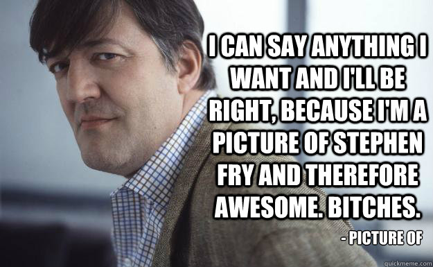 I can say anything I want and I'll be right, because I'm a picture of Stephen Fry and therefore awesome. Bitches. - Picture of Stephen Fry - I can say anything I want and I'll be right, because I'm a picture of Stephen Fry and therefore awesome. Bitches. - Picture of Stephen Fry  Stephen Fry