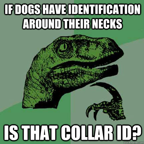 If dogs have identification around their necks Is that collar ID?  Philosoraptor