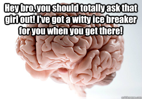 Hey bro, you should totally ask that girl out! I've got a witty ice breaker for you when you get there!   Scumbag Brain