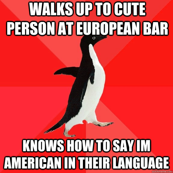 Walks up to cute person at European bar knows how to say im american in their language  Socially Awesome Penguin