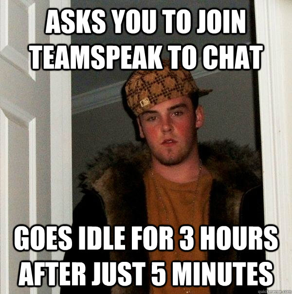 asks you to join teamspeak to chat goes idle for 3 hours after just 5 minutes  Scumbag Steve