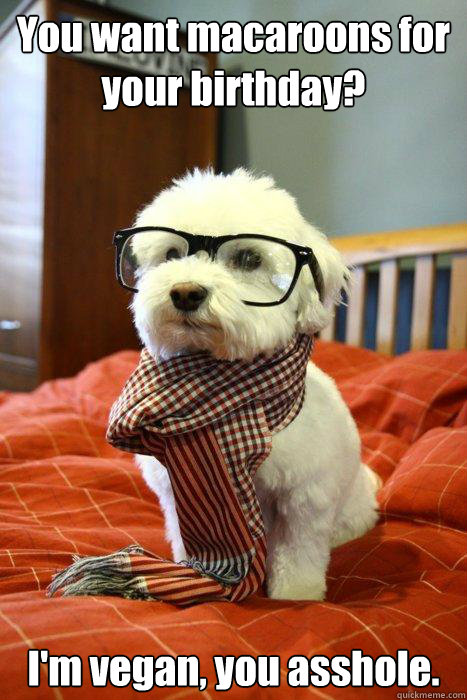 You want macaroons for your birthday? I'm vegan, you asshole.  Hipster Dog