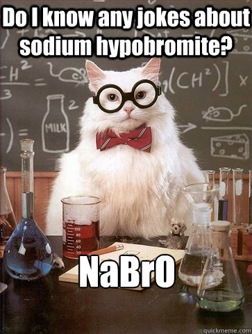 Do I know any jokes about sodium hypobromite? NaBrO - Do I know any jokes about sodium hypobromite? NaBrO  Chemistry Cat