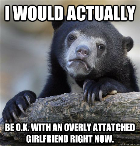 I would actually Be o.k. with an overly attatched girlfriend right now.  Confession Bear