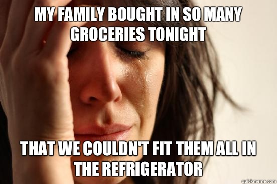 My family bought in so many groceries tonight That we couldn't fit them all in the refrigerator   First World Problems