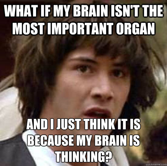 What if my brain isn't the most important organ And I just think it is because my brain is thinking?  conspiracy keanu