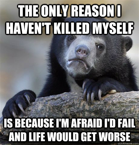 The only reason i haven't killed myself Is because i'm afraid I'd fail and life would get worse  Confession Bear