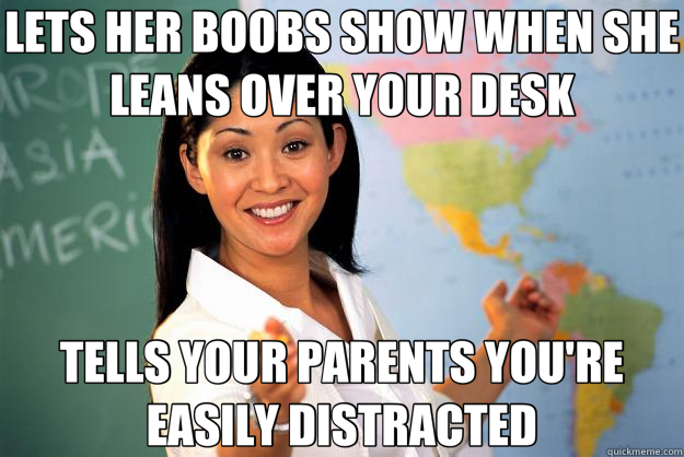 LETS HER BOOBS SHOW WHEN SHE LEANS OVER YOUR DESK TELLS YOUR PARENTS YOU'RE EASILY DISTRACTED  Unhelpful High School Teacher