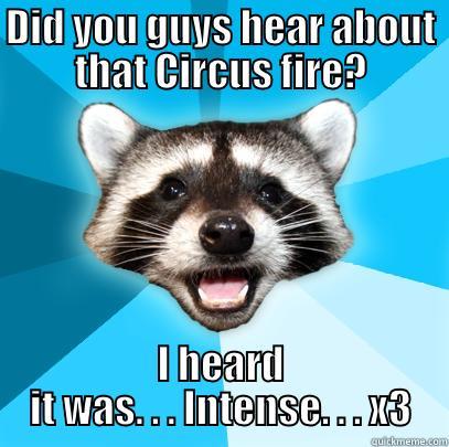 DID YOU GUYS HEAR ABOUT THAT CIRCUS FIRE? I HEARD IT WAS. . . INTENSE. . . X3 Lame Pun Coon